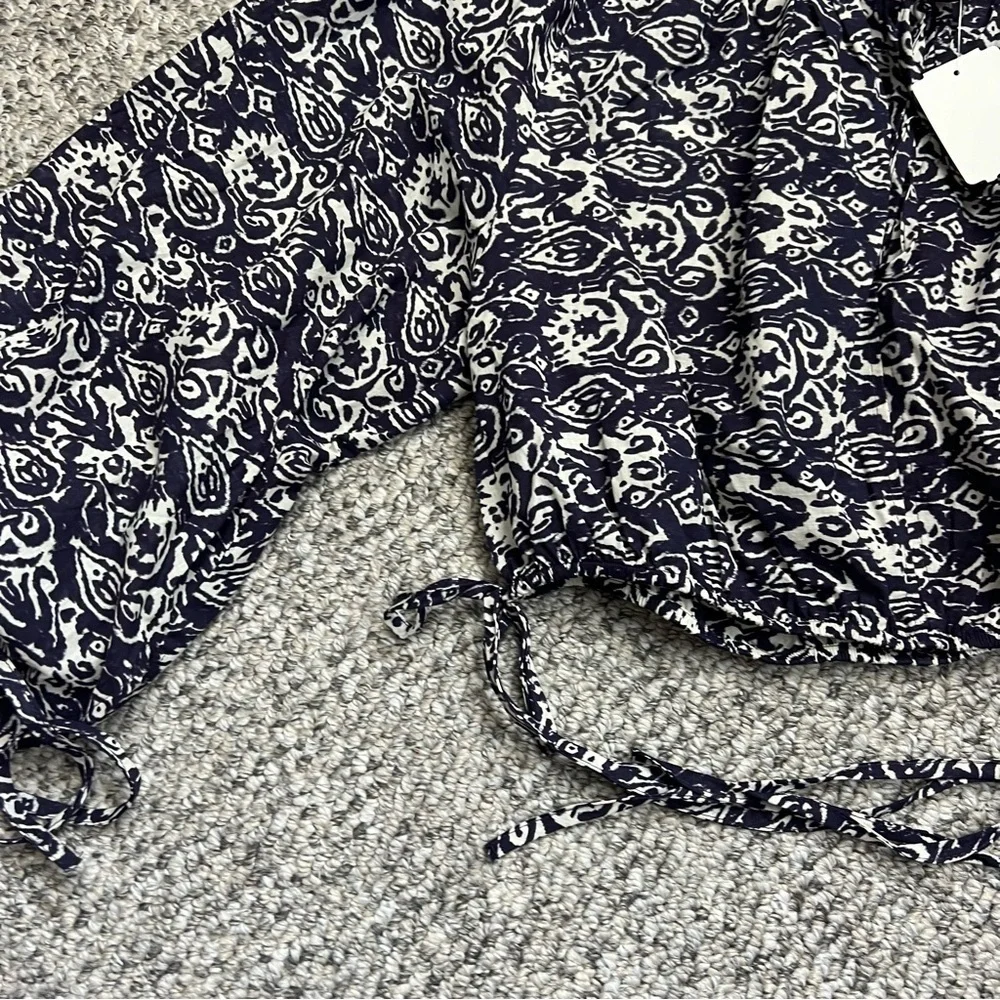 NWT blue white print gauzy cotton balloon sleeve oversized cropped blouse M - Picture 6 of 14